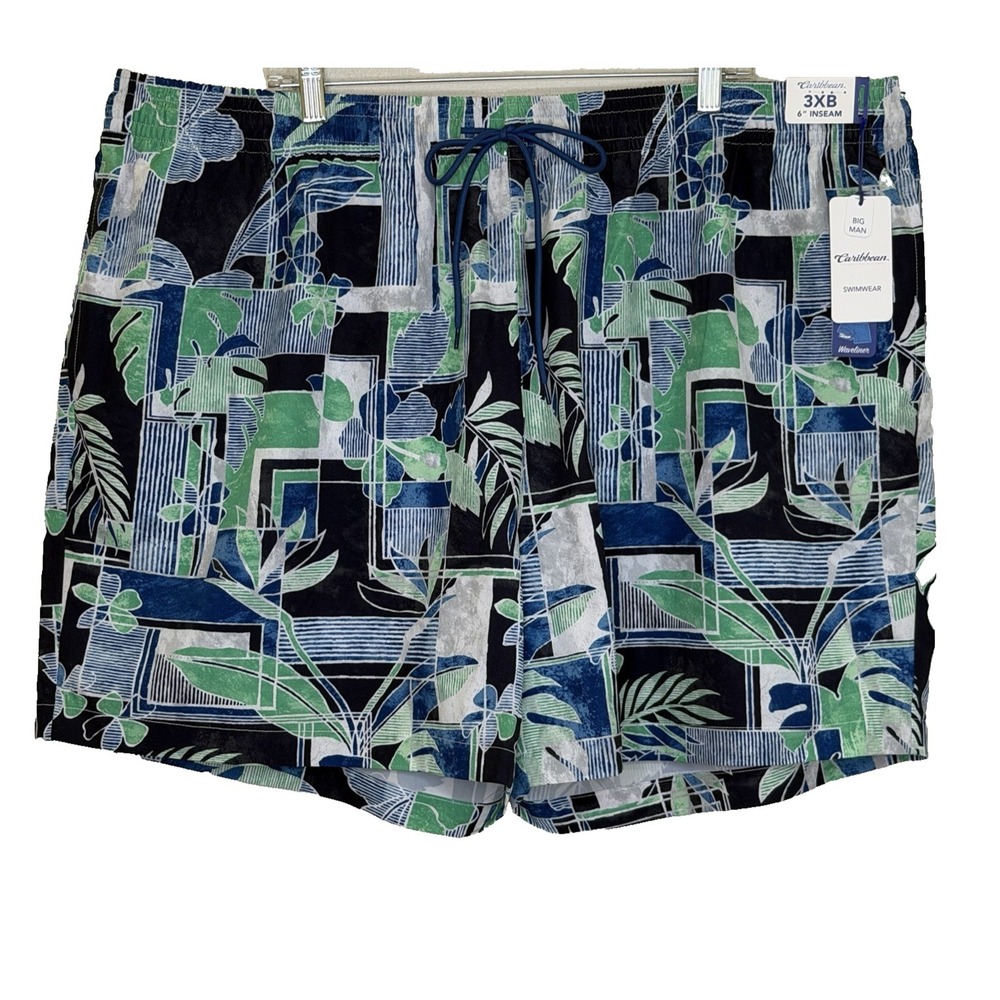 Caribbean Swim Trunks Mens Big & Tall 3XB Blue Floral Elastic Waist Lined‎ NEW